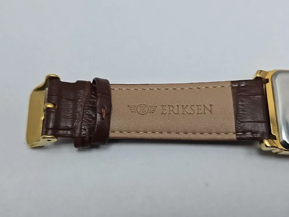 Eriksen The Classic Mens Gold Tone 30mm .Tank Watch New Battery Brown Leather